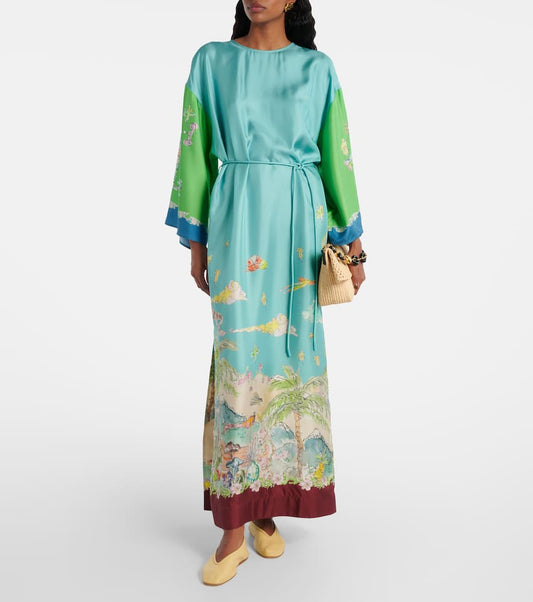 Unique Graphic Print Satin Lace-up Maxi Dress Green