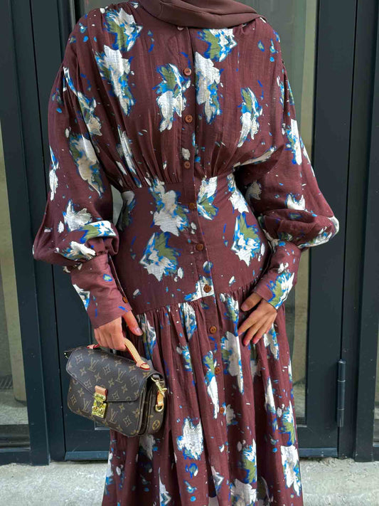 Retro Floral Print Pleated Balloon Sleeve Maxi Dress