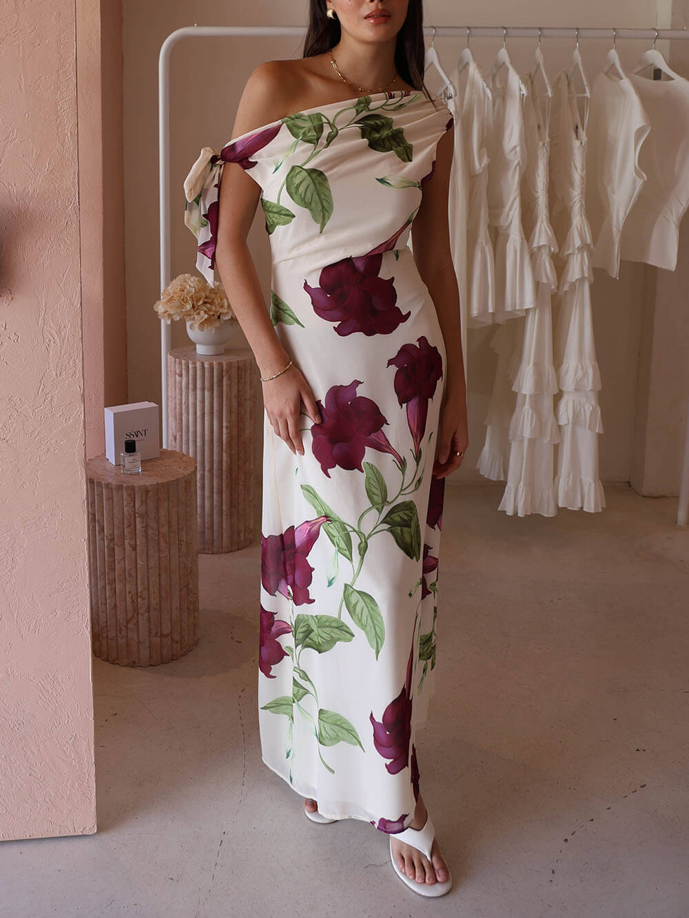 Elegant Floral Print One-Shoulder Tie Maxi Dress White