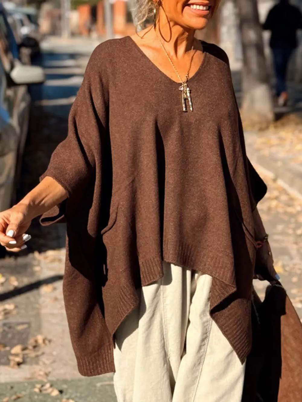 Classic Fashion V-neck Loose Pocket Mid-length Knitted Sweater Coffee