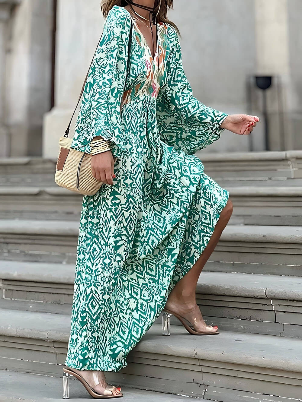Fashionable And Casual V-Neck Colorblock Print Maxi Dress Green