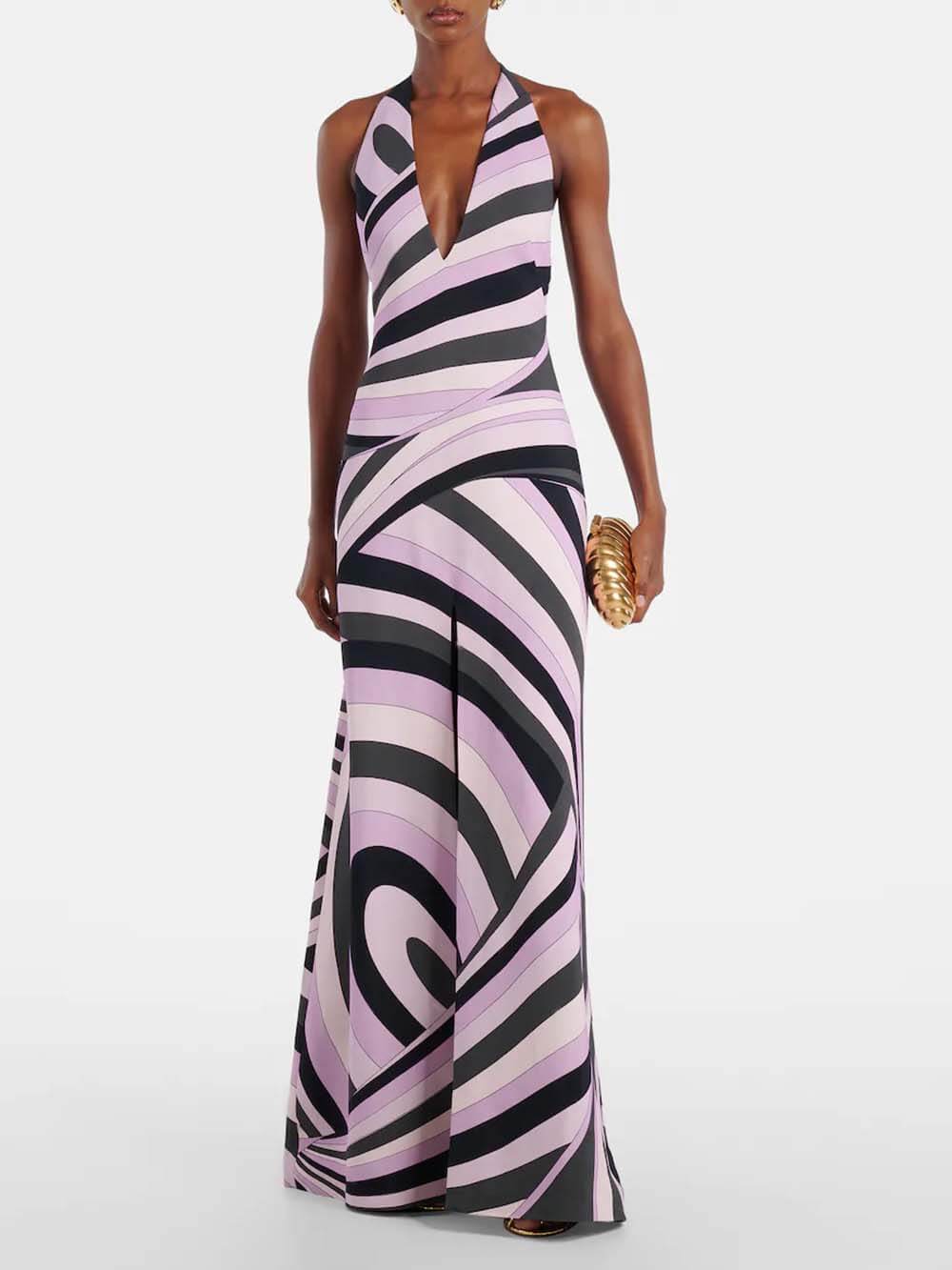 Exquisite Satin Print Halter Backless Maxi Dress Pink