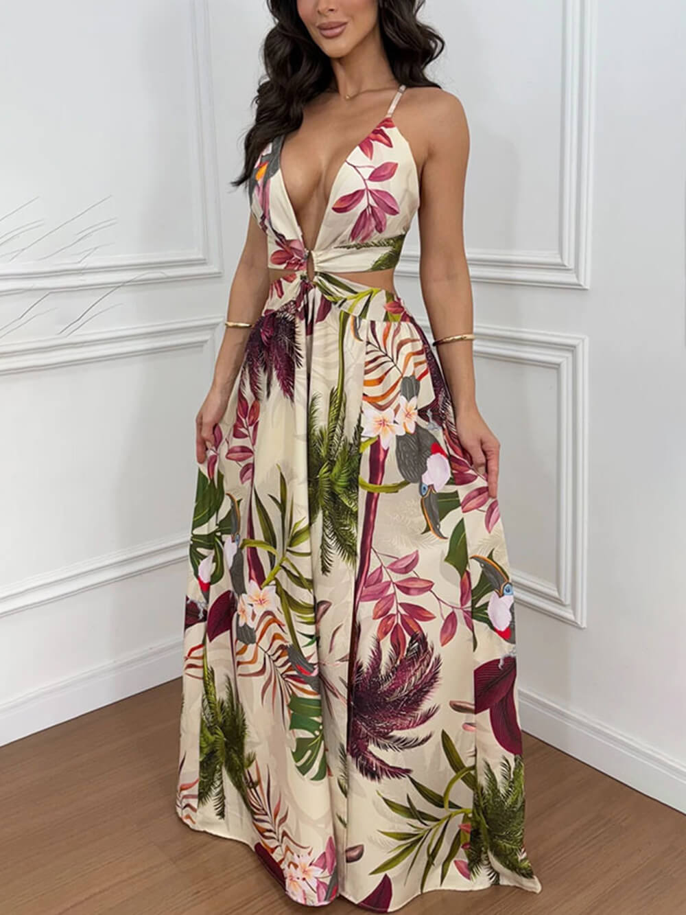 Bohemian Apricot Backless Printed Slit Party Maxi Dress Apricot