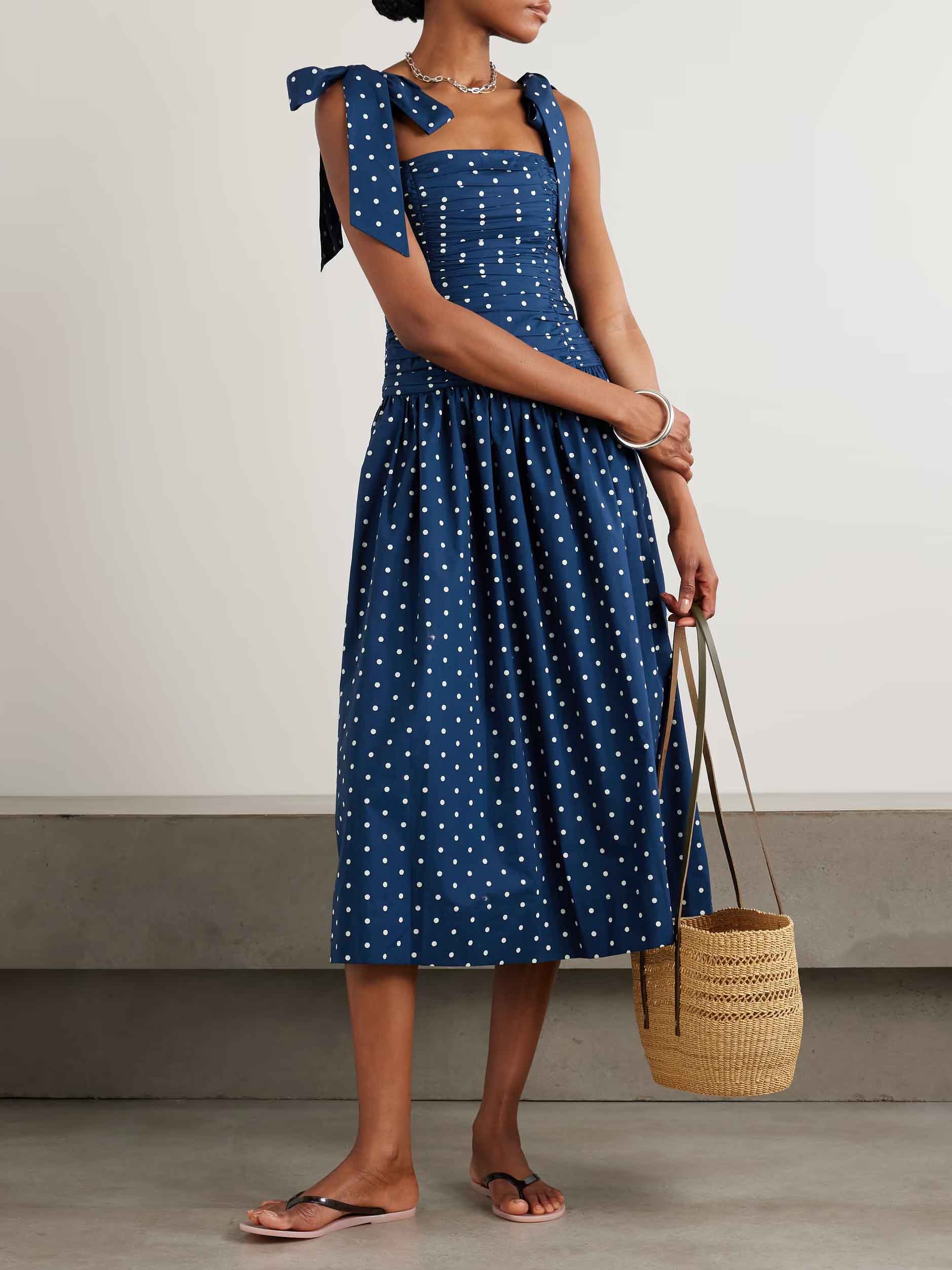 Retro Lace-up Pleated Polka Dot Midi Dress Blue