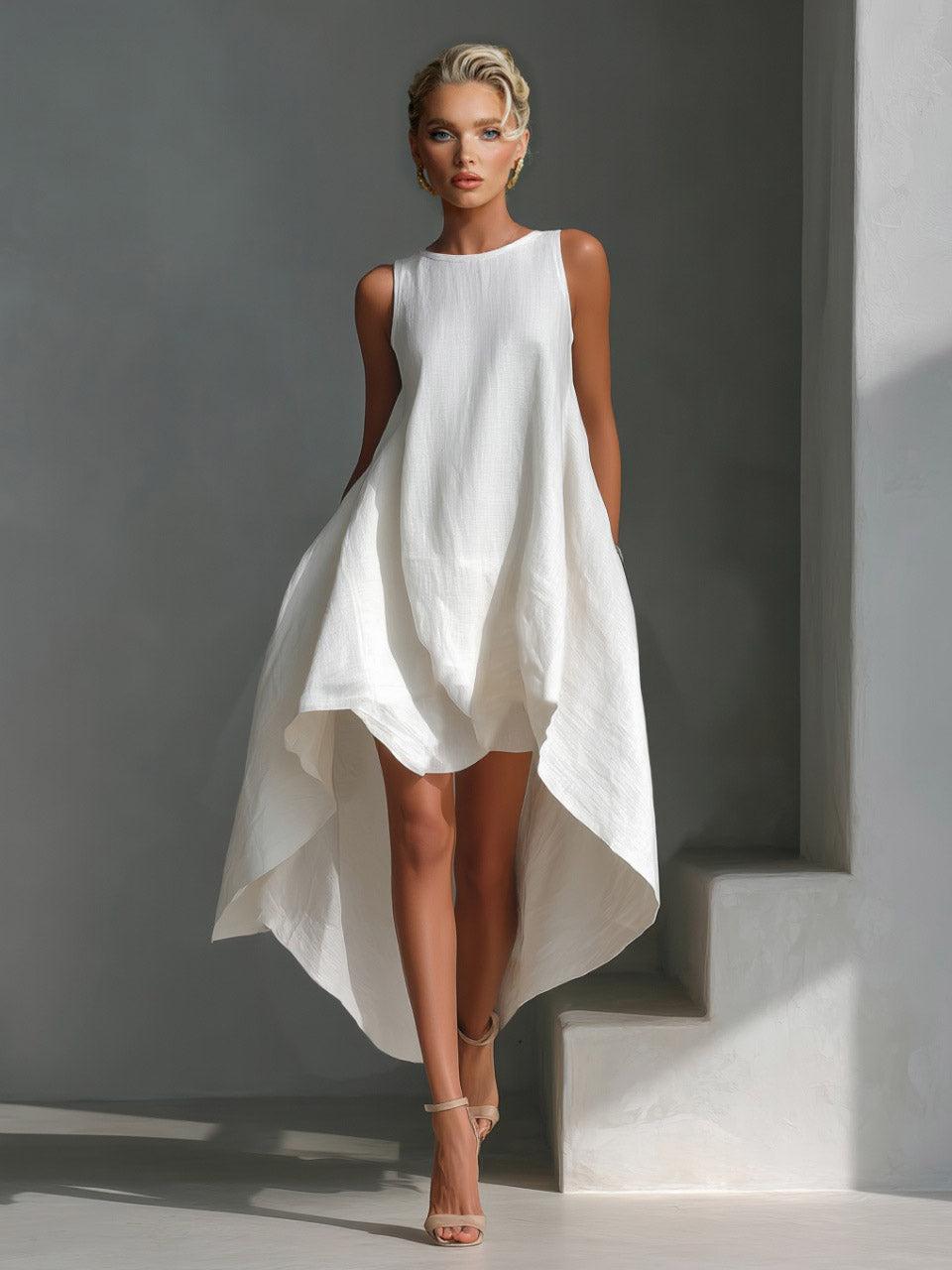 Casual Sleeveless Asymmetrical Hem Midi Dress White