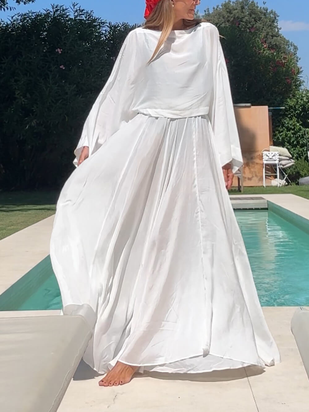 Elegant Unique Satin Ruched Flared Wide Swing A-Line Skirt