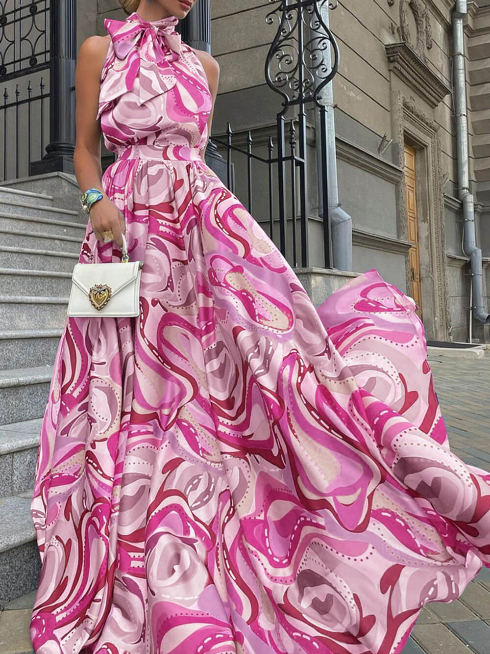 Elegant French High Waist Chiffon Printed Maxi Dress Pink