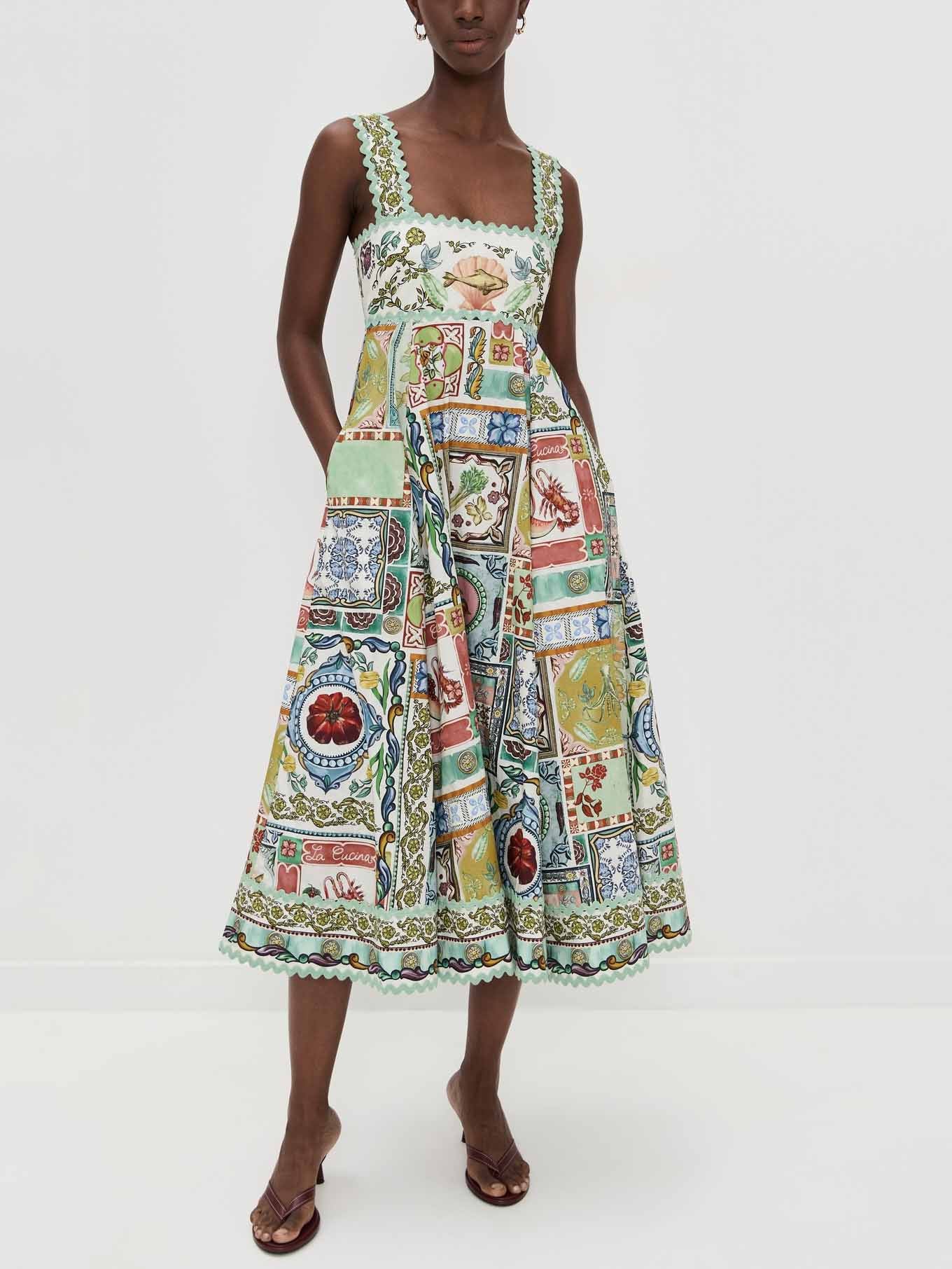 Elegant Square Neck Printed A-Line Midi Dress Green