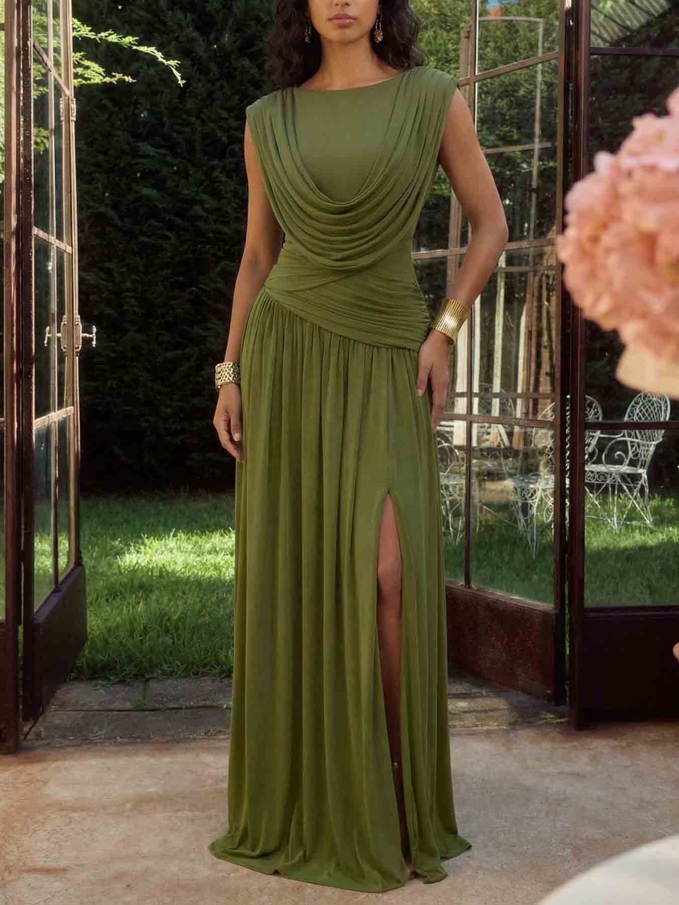 Elegant Green Draped Ruched High Slit Party Maxi Dress
