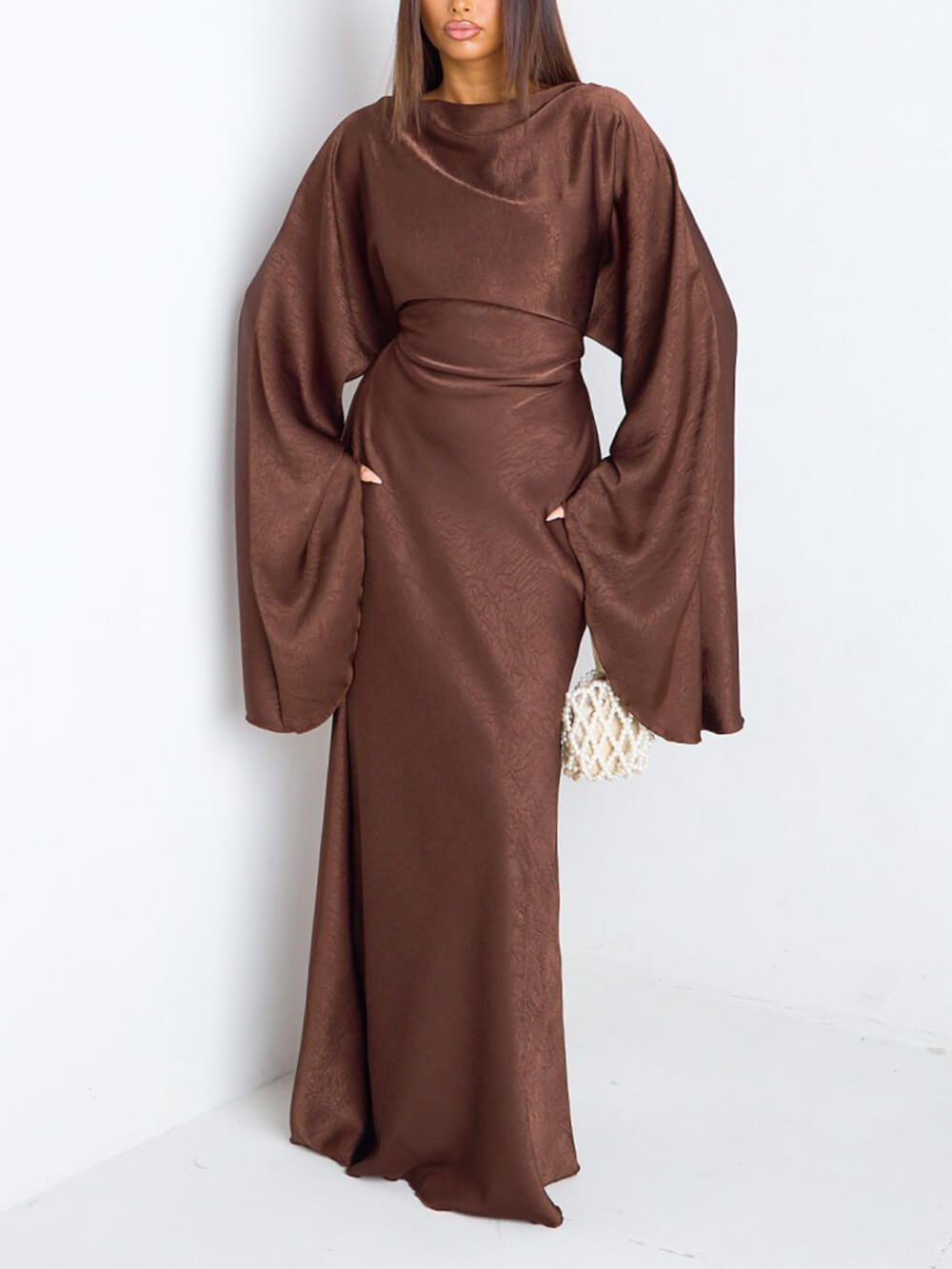 Elegant Ruched Satin Lantern-Sleeve Maxi Dress Brown