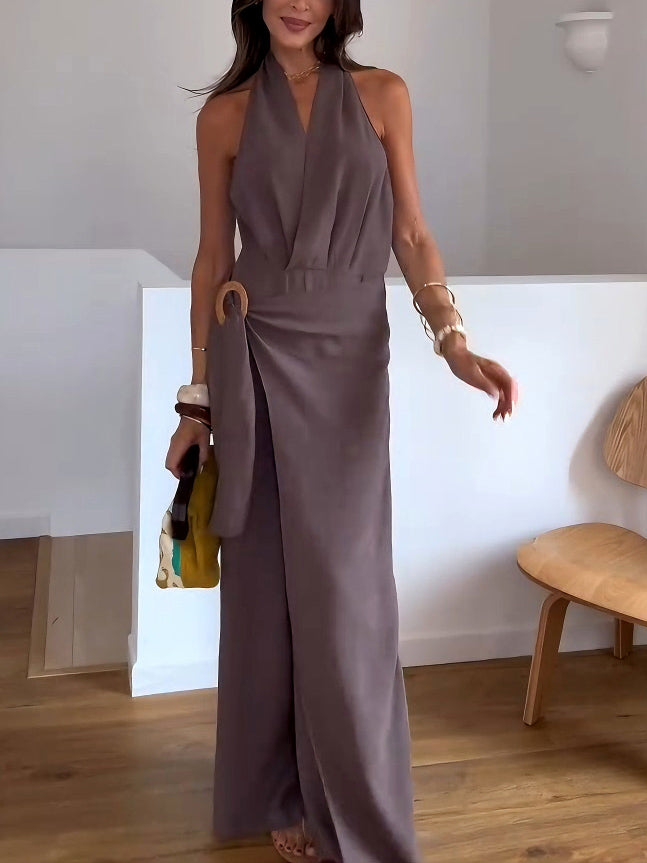 Elegant V-neck Wrap Jumpsuit Brown