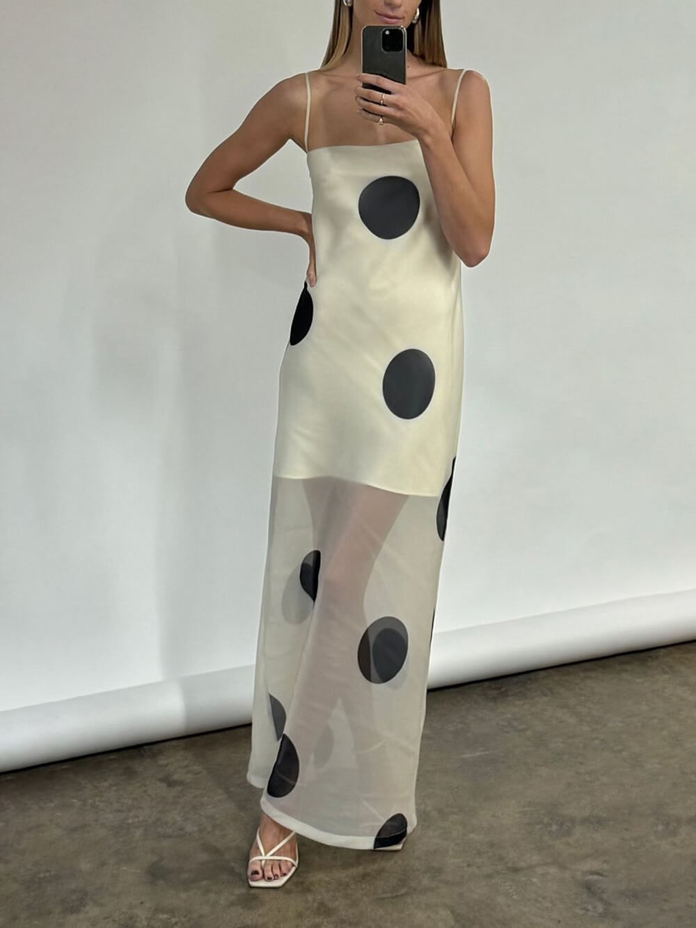 Elegant Mesh Stitching Polka Dot Print Off-Shoulder Suspender Maxi Dress White