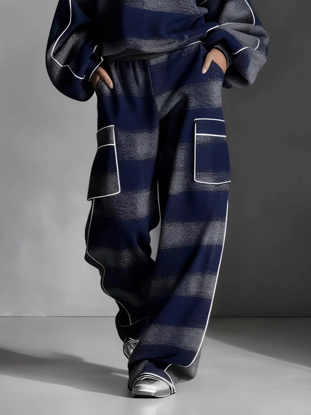 Fashion Street-Style Blue And Gray Plaid Color-Block Wide-Leg Pants Blue Gray
