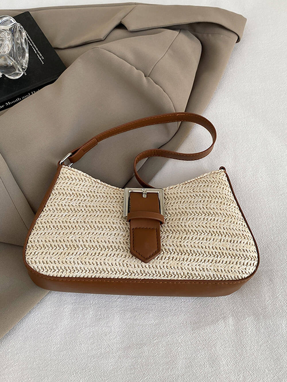 Fashionable Woven Straw Holiday Crossbody Underarm Bag Khaki