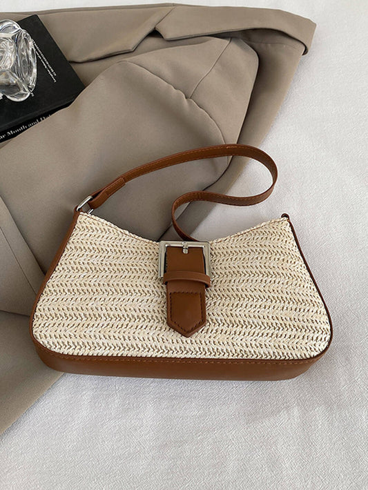 Fashionable Woven Straw Holiday Crossbody Underarm Bag Khaki