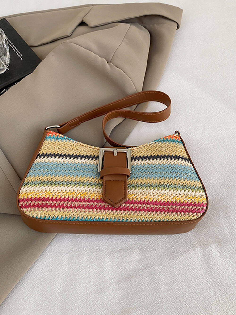 Fashionable Woven Straw Holiday Crossbody Underarm Bag Brown