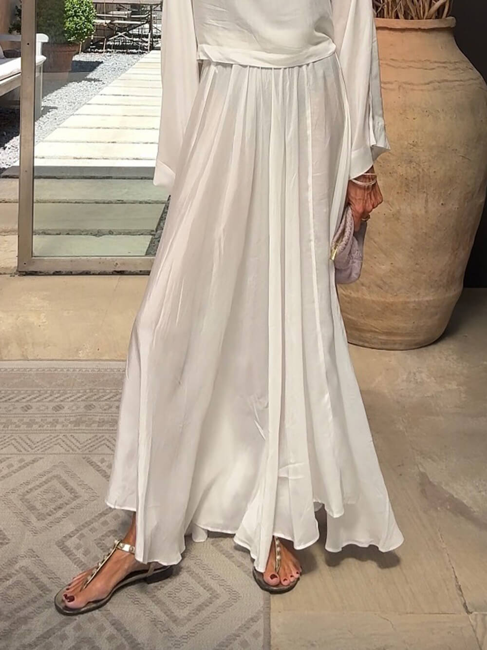 Elegant Unique Satin Ruched Flared Wide Swing A-Line Skirt White
