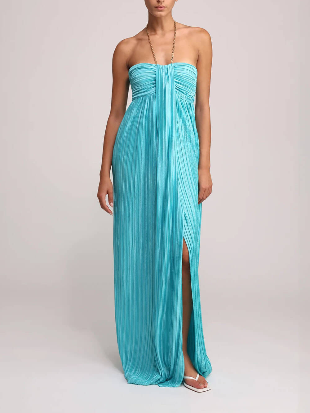 Elegant Pleated Halter Off-the-Shoulder Slit Maxi Dress Green