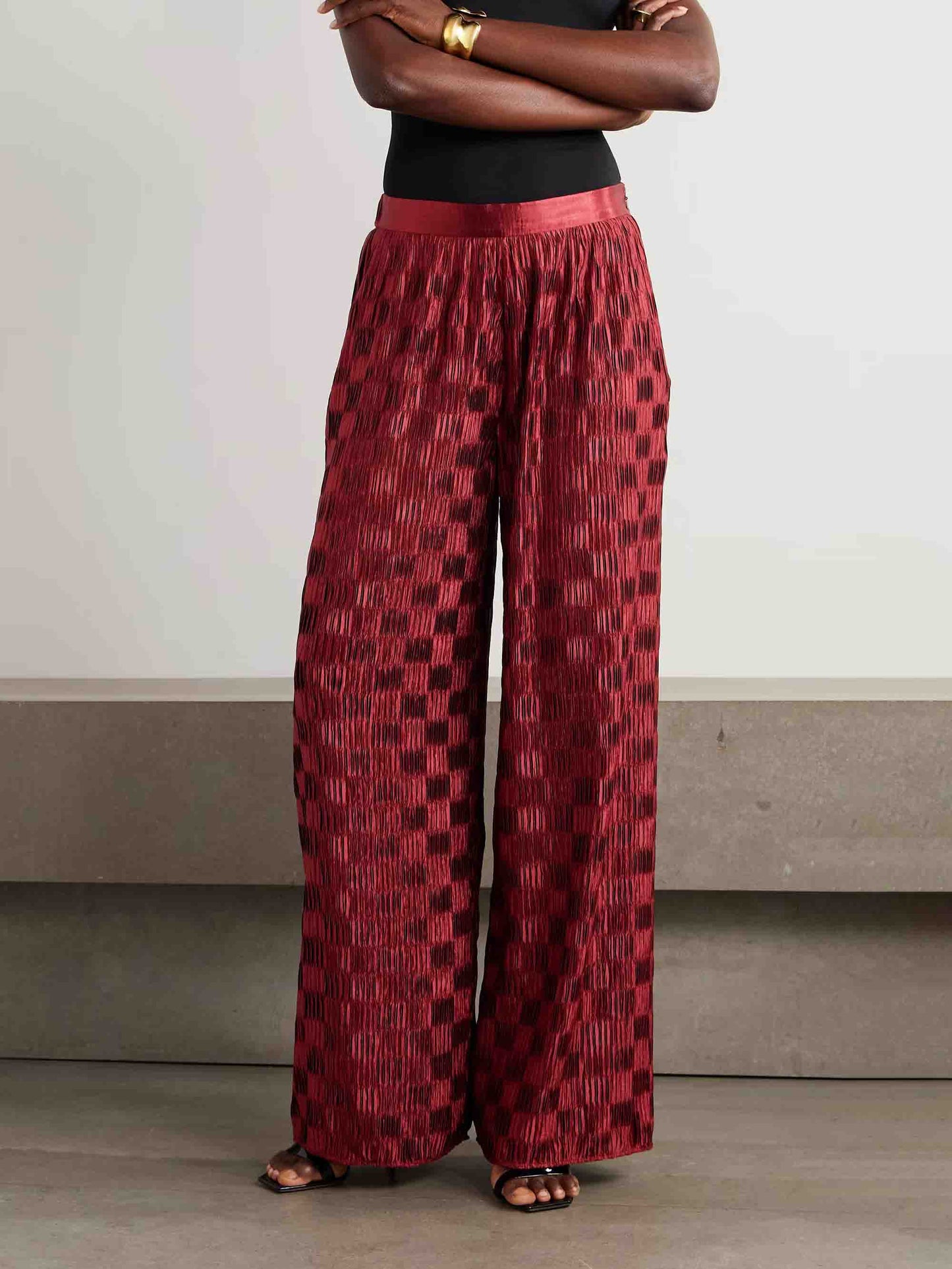 Exquisite Textured High-Waisted Wide-Leg Pants Dark Red