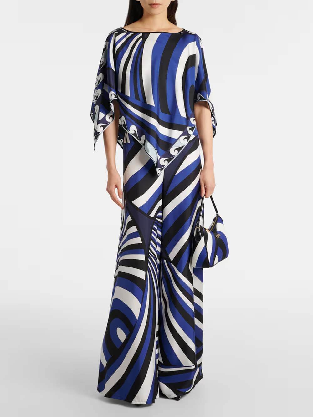 Unique Rainbow Print Satin Loose Top & Elastic Waist Wide-Leg Pants Set Blue Suit