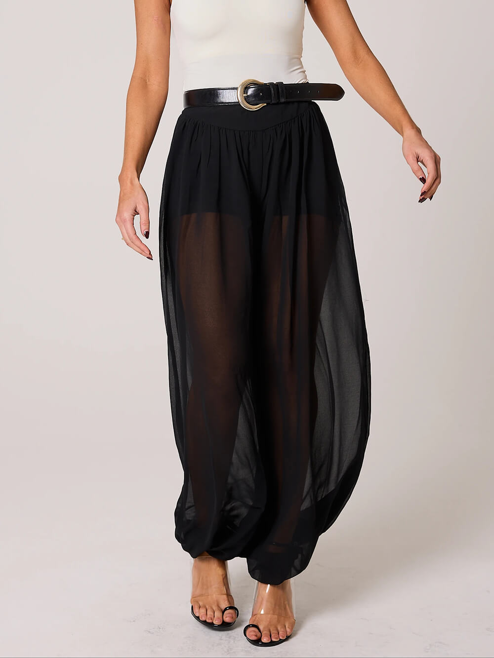Classic Autumn Avenue Chiffon See-Through Elastic Waist Aladdin Bloomers Pants Black