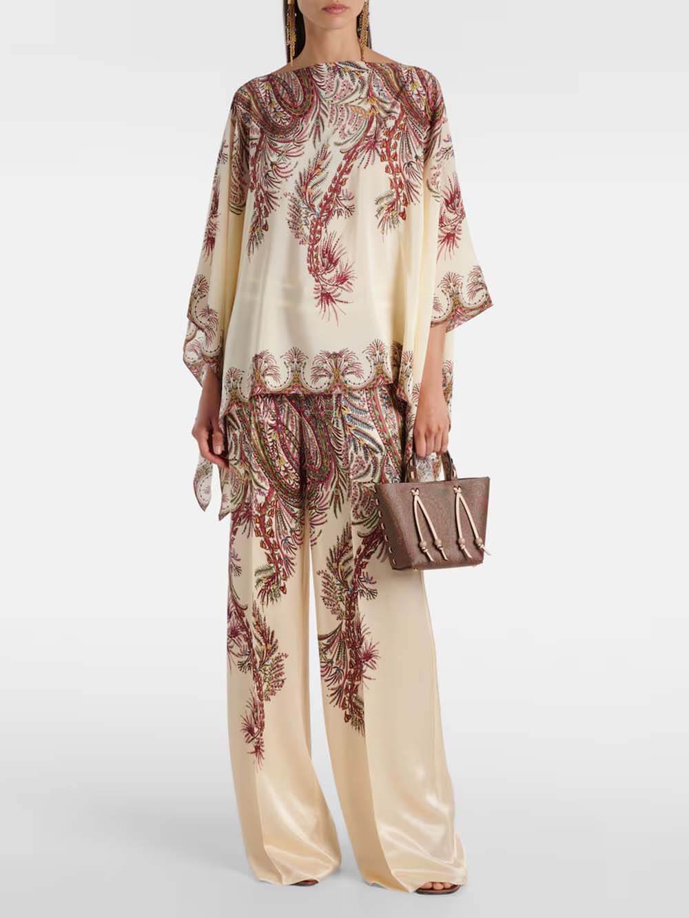Exquisite Asymmetric Printed Satin Top & Elastic Waist Wide-Leg Pants Set Multicolor Set