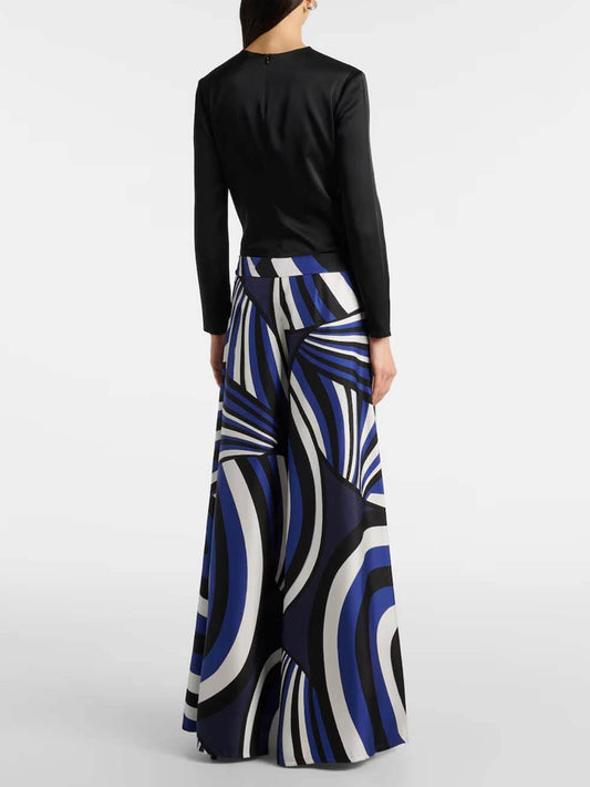 Unique Rainbow Print Satin Loose Top & Elastic Waist Wide-Leg Pants Set