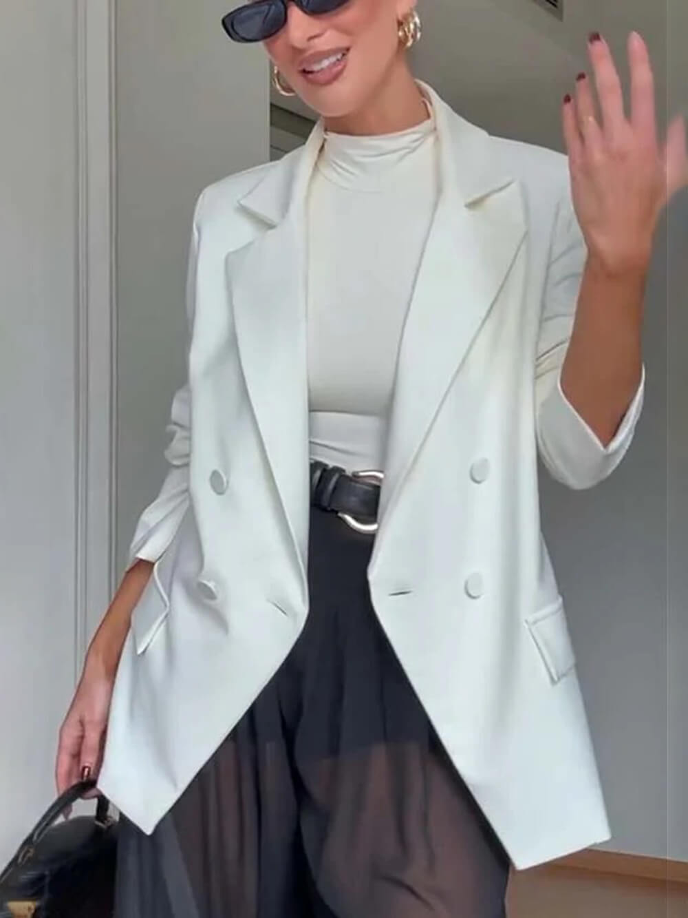 Classic Autumn Avenue Double-breasted Long Sleeve Lapel Loose Blazer White
