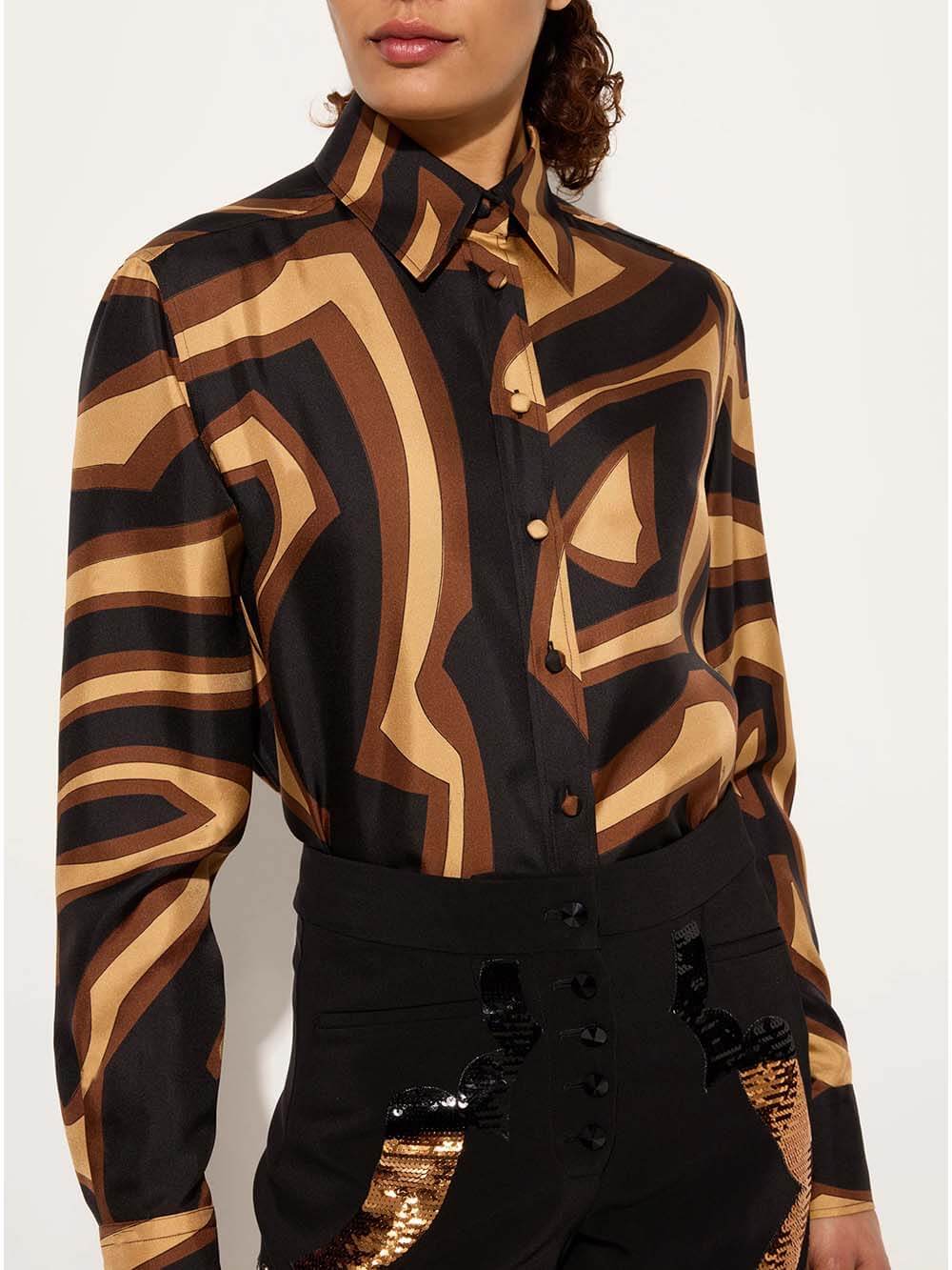 Retro Swirl Print Satin Twill Shirt Brown