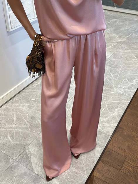 Elegant Halter Neck Swing Collar Top And Wide Leg Pants Suit-Pants Pink