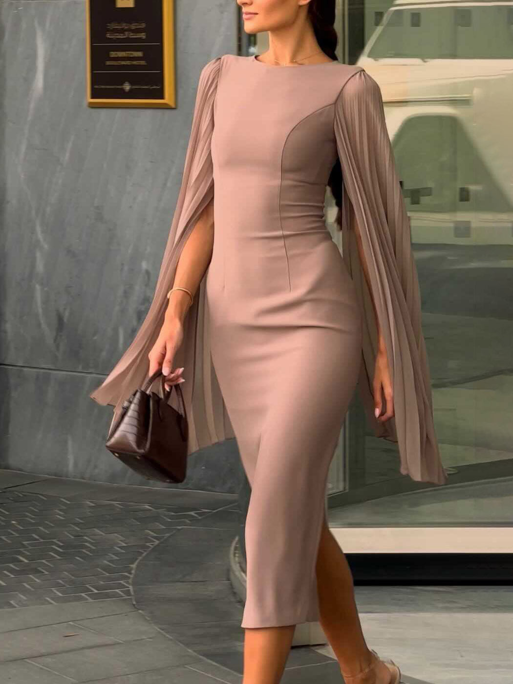 Elegant Pleated Cape Sleeve Midi Dress Brown