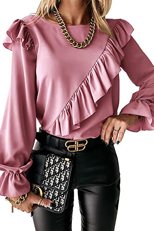 Elegant Image Ruffled Long Sleeve Top - 6 Colors Pink