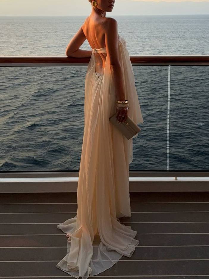 Tube Top Irregular Hem Maxi Dress Apricot