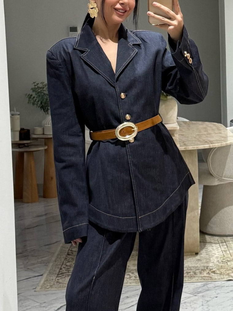 Casual Denim Wide-Leg Pants Blue Top