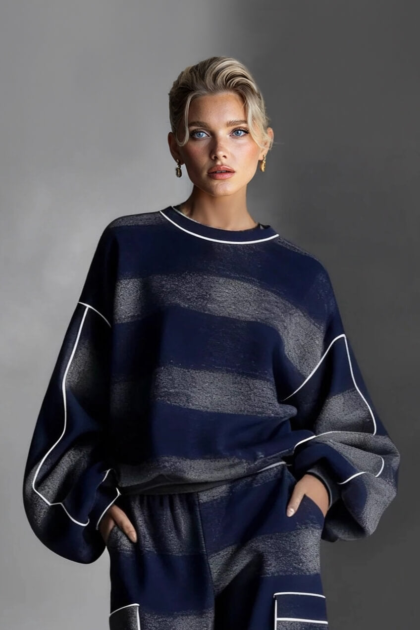 Fashion Street-Style Blue And Gray Plaid Color-Block Loose Top Blue Gray