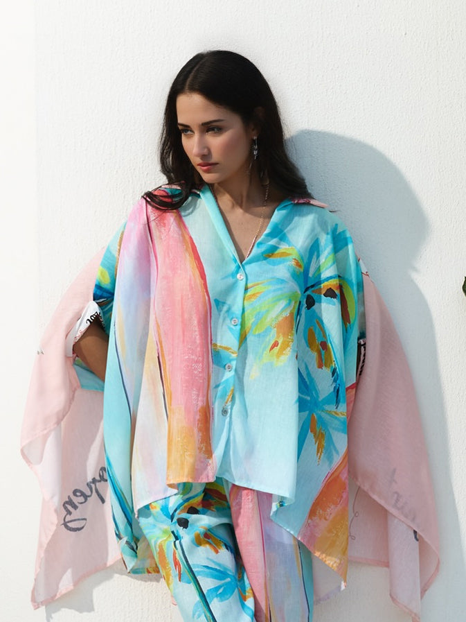 Unique oil painting coconut tree print bat sleeve shirt Multi