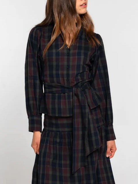Retro Plaid Print Tie-belt Shirt Blue Top
