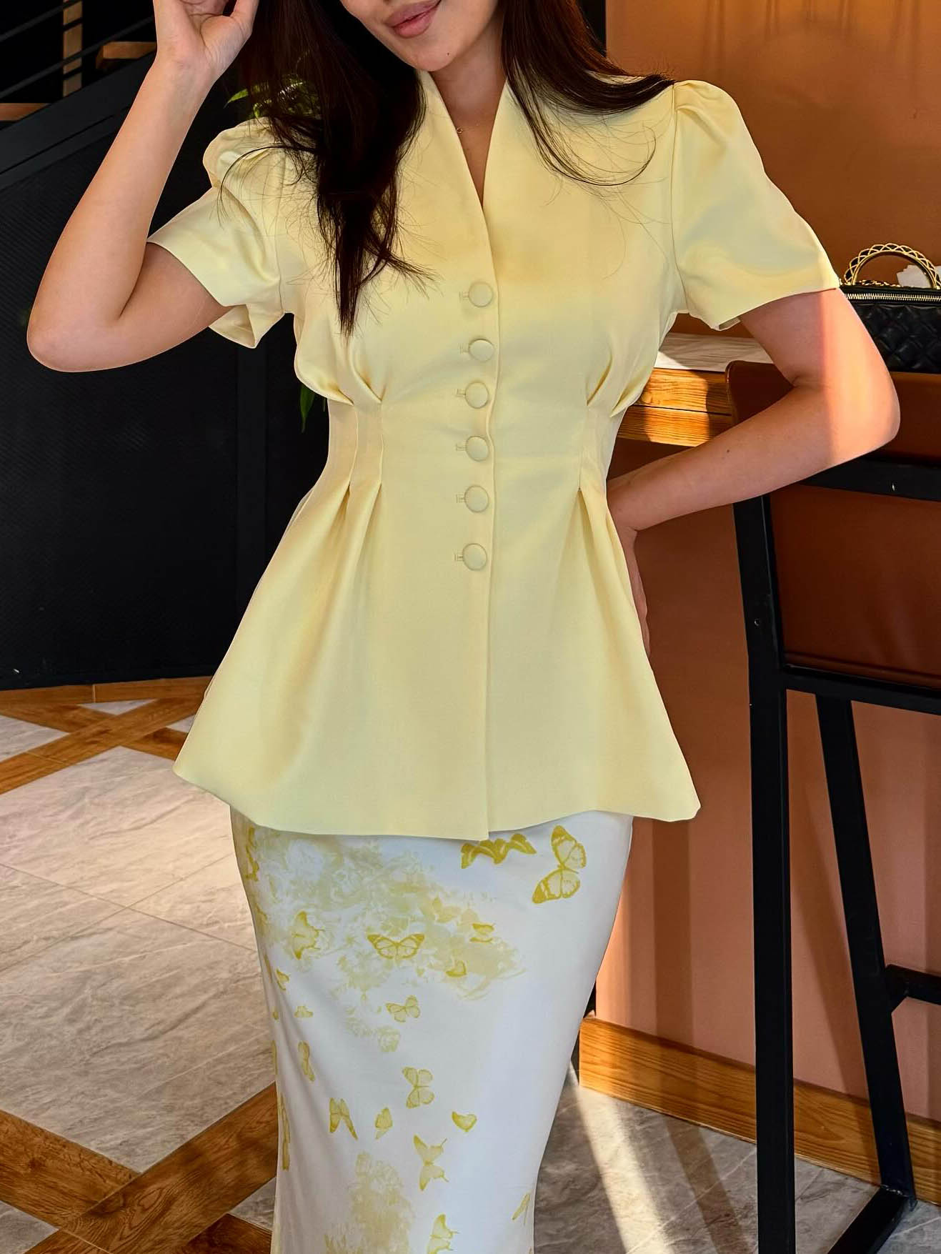 Elegant V-neck Waisted Puff Sleeve Shirt Yellow