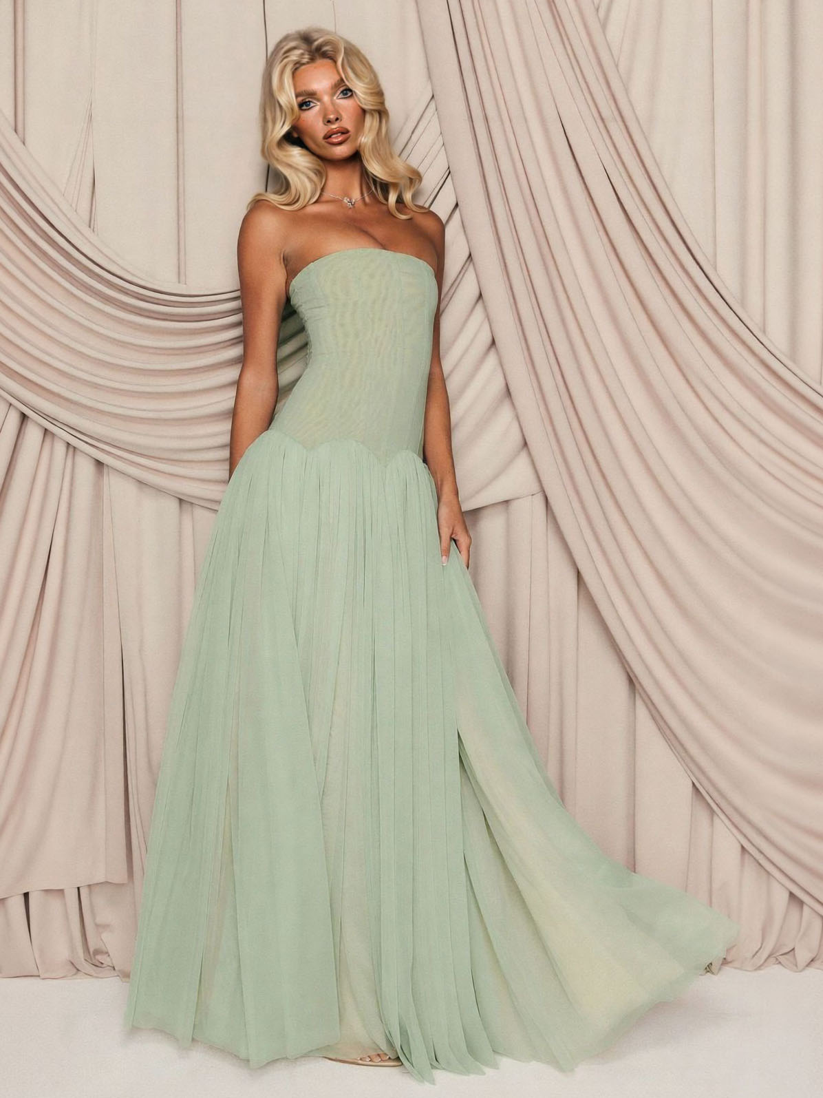 Elegant Strapless Corset Tulle Party Maxi Dress Green