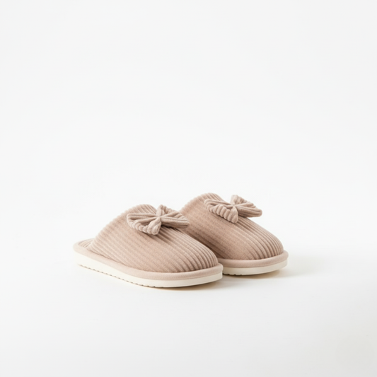 BowCord Cosy Slippers — Bow Detail in Beige, Black, Grey & Pink