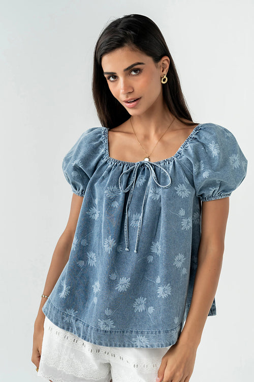 Consistently Confident Short Sleeve Print Denim Top