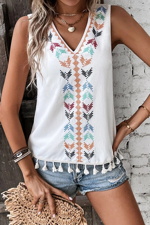 Just Be You Boho Embroidered Tassel Sleeveless Top - 4 Colors White