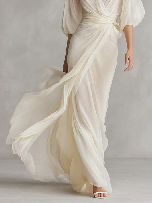 Elegant Chiffon Puff-Sleeve Wrap Maxi Dress