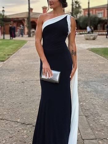 Contrast Color Oblique Shoulder Ribbon Dress Black