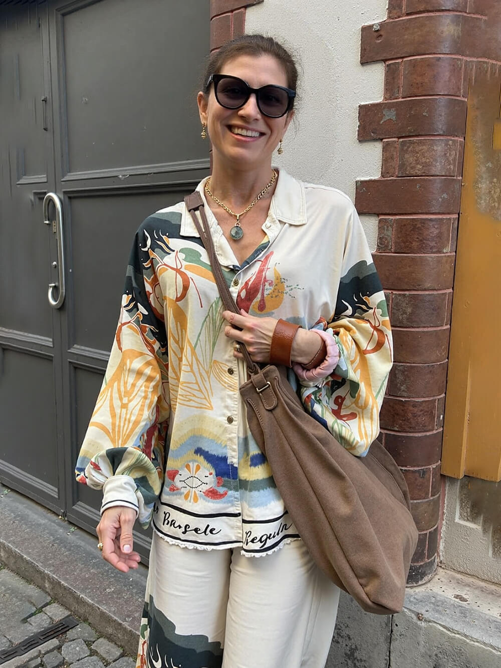 Modern Unique Satin Landscape Print Loose Oversized Shirt White