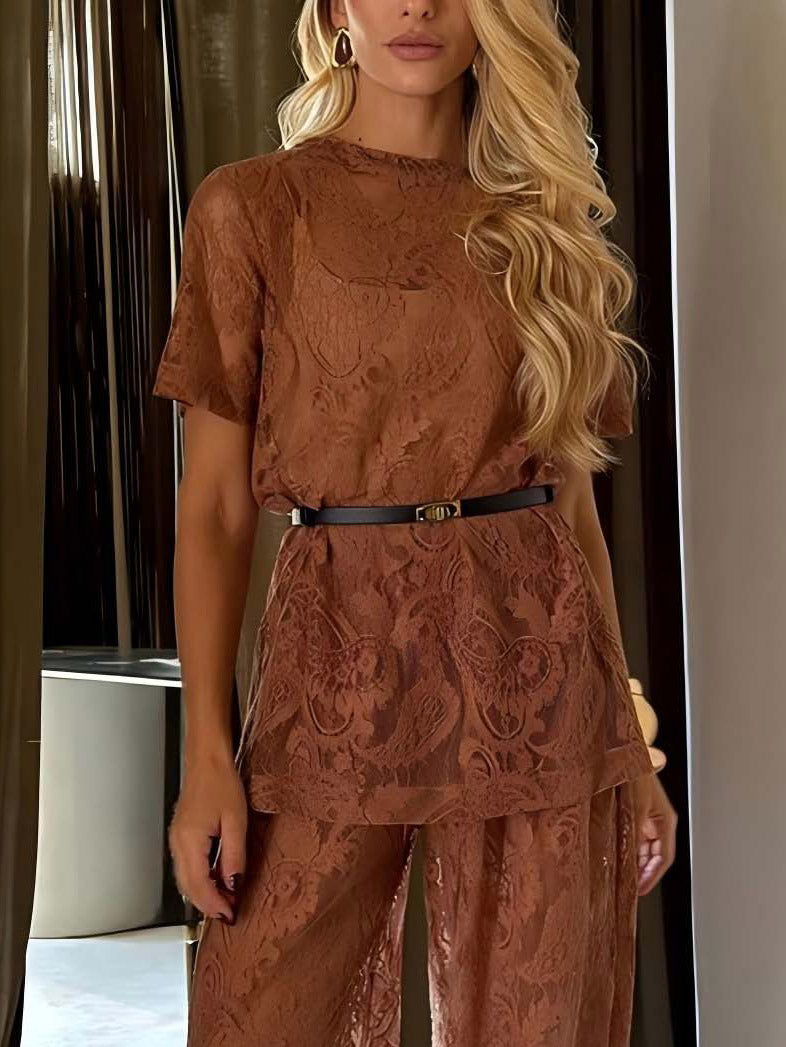 Elegant Sheer Lace Short Sleeve Top And Wide-Leg Pants Set