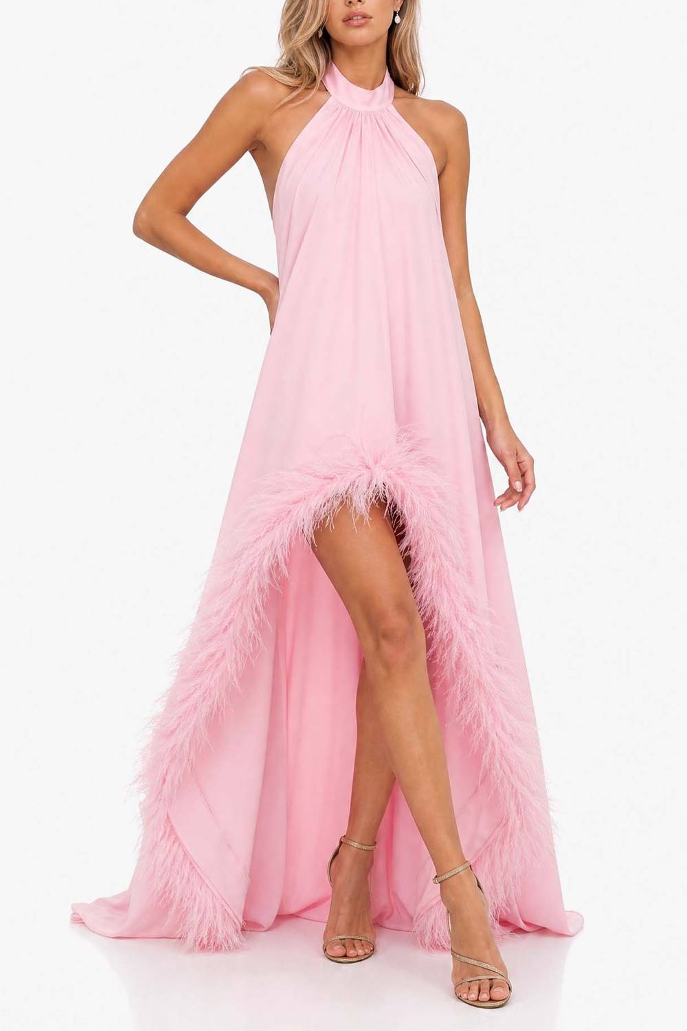Halter-neck Feather-trimmed High-slit Long Evening Gown Pink