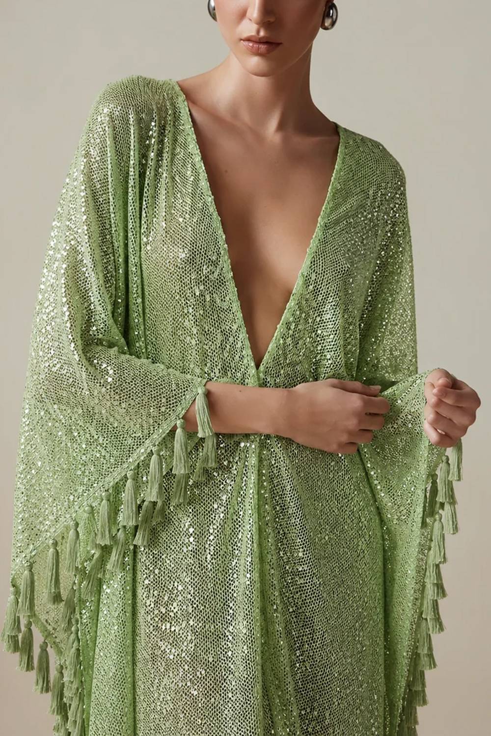 Deep‑V Flare Sleeve Tassel‑Trim Sequin High‑Slit Floor‑Length Evening Gown