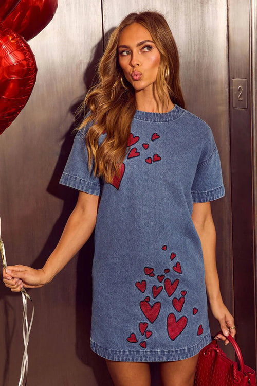 Keep It Interesting Short Sleeve Red Heart Denim Mini Dress