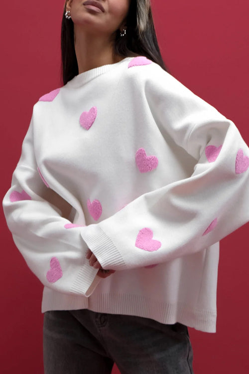 Warmly Adorable Heart Oversized Knit Top - 7 Colors White (pink heart)